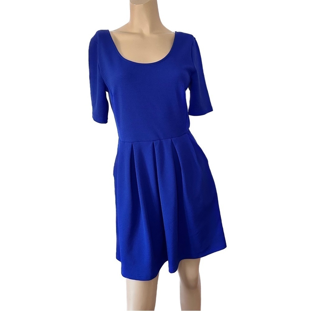 Lush Pleated Swing Dress Scoop Neck Side Pockets Royal Blue Size Large Skater